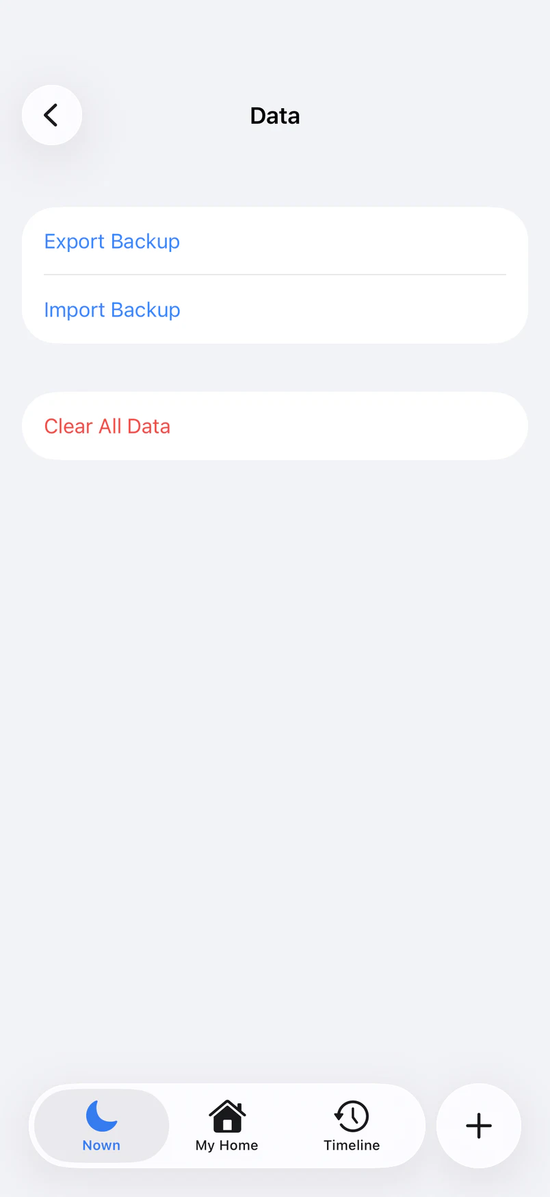 Nown Data Management screen
